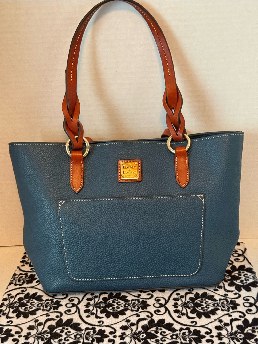 Dooney & Bourke Gretchen Teal Pebble Leather Tote with Brown Braided Handles
